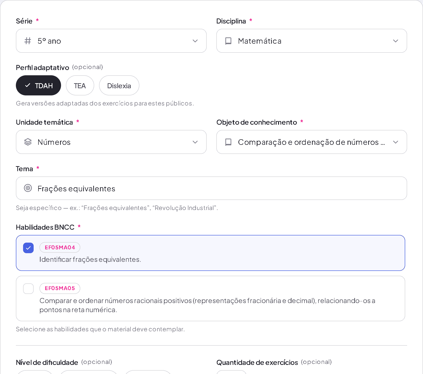 Formulário de geração do MaterIA preenchido: 5º ano, Matemática, perfil TDAH marcado e habilidade da BNCC selecionada