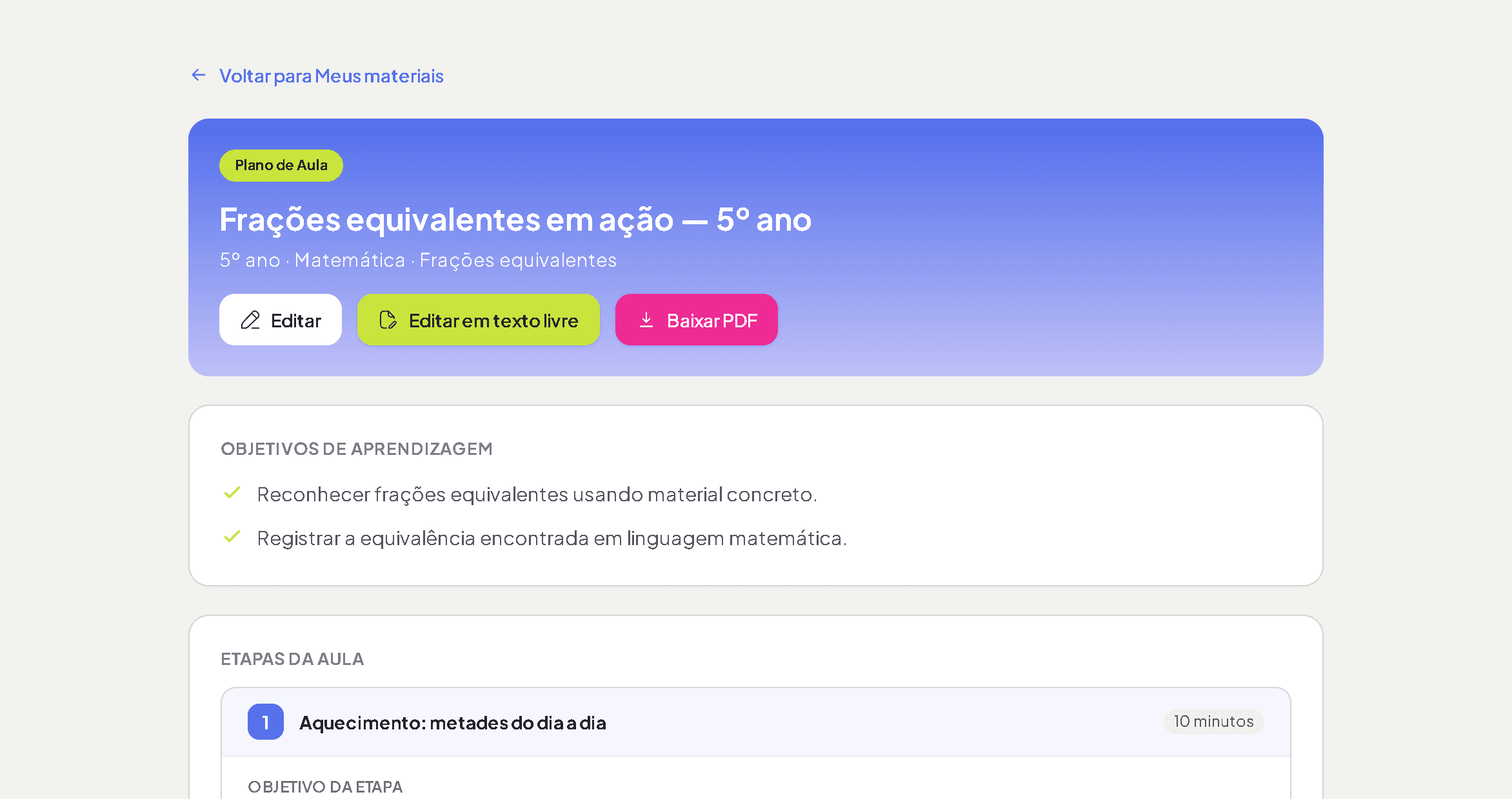 Plano de aula do MaterIA com etapas, tempo de cada uma, ação do professor e estratégias neuroinclusivas